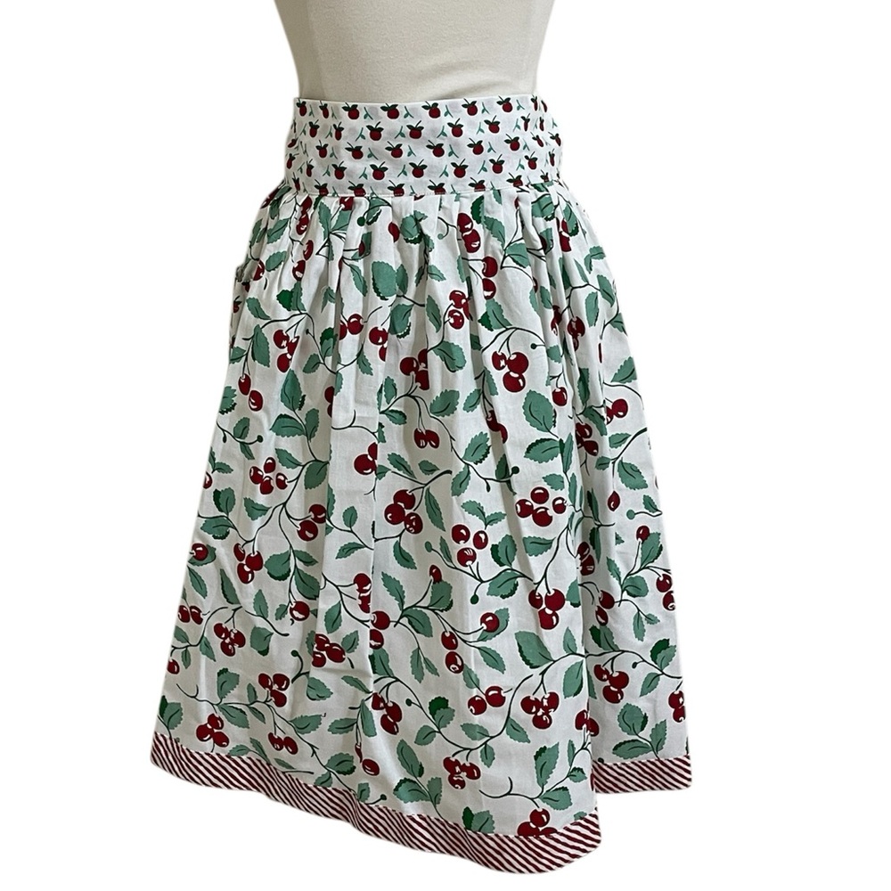 Retro Cherry Print Red/Green on White with Red/White Contrast Trim Half Apron